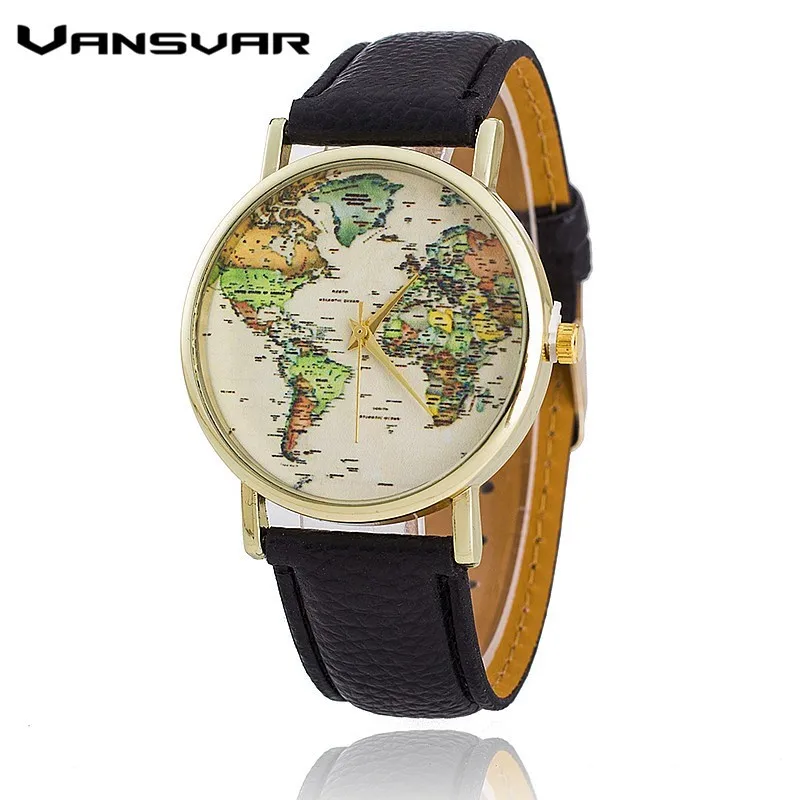 Vansvar Leather Strap World Map Watch Fashion Women Quartz Mapa Reloj Mujer Relogio Feminino BW1574