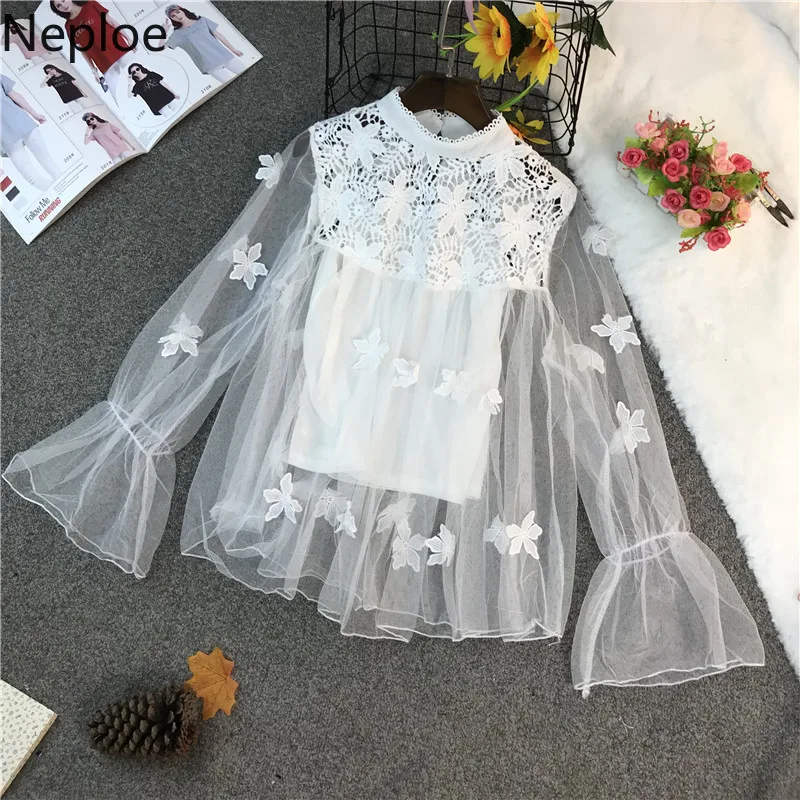 

Neploe 2019 New Sweet Perspective Mesh Doll Shirt Fashion 3D Flower Blusas Top Long Sleeve Stand Neck Blouse with Camis 53684
