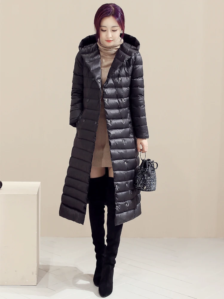Новая зимняя Женская легкая пуховая куртка, длинное пуховое пальто, Дамский Тонкий пуховик размера плюс, белая пуховая куртка, пальто с капюшоном, женские куртки WZ107