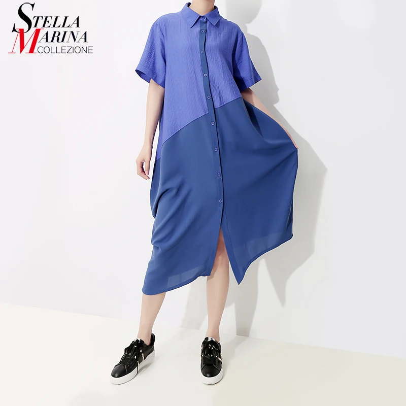 

New 2019 Korean Style Women Summer Solid Blue Shirt Dress Short Sleeve Female Casual Wear Plus Size Midi Dress Robe Femme 4969