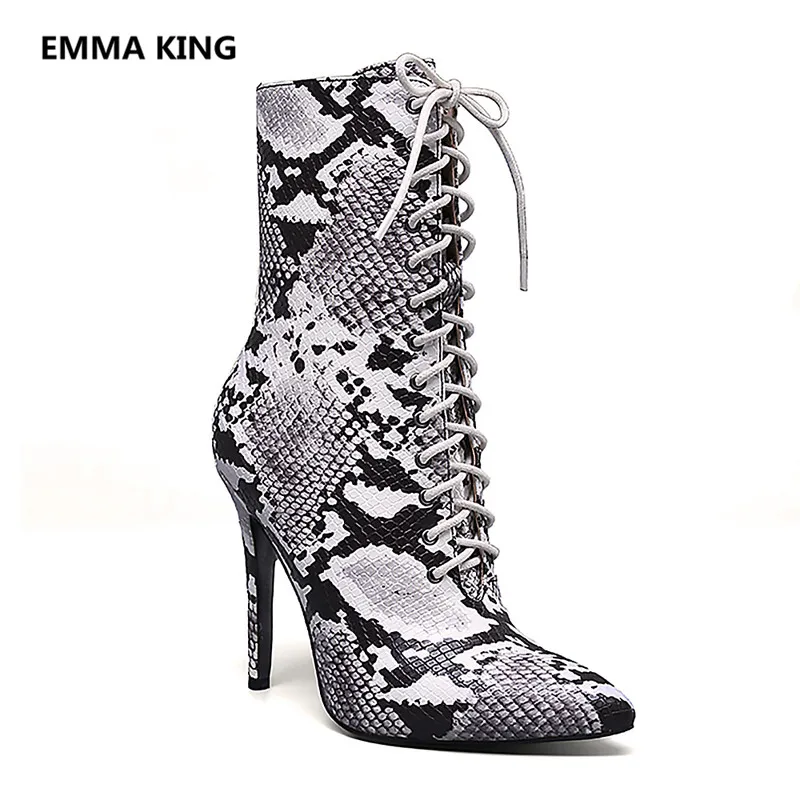 

2019 New Fashion Snake Prints Women Ankle Boots Pointed Toe Sexy Runway Shoes Woman High Heels Autumn Winter Female Martin Boots