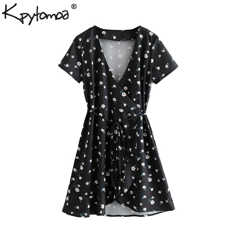 

Vintage Chic Floral Print Wrap Mini Dress Women 2019 Fashion V Neck Short Sleeve Bow Tie Dresses Casual Vestidos Mujer