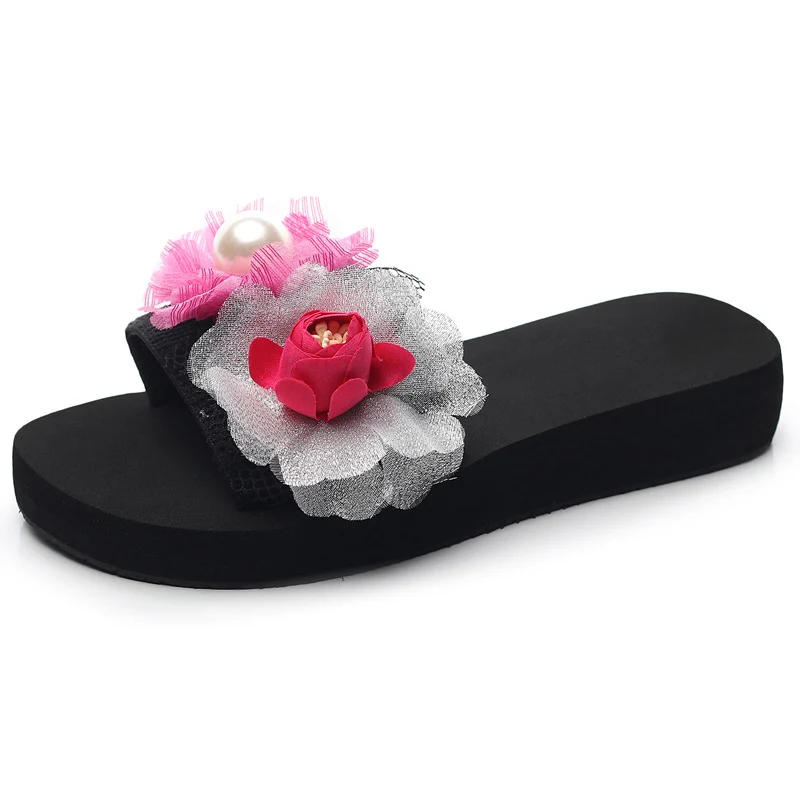 

handmade flower women sandals slippers summer big size high heel one-word slippers anti-skid fashion beach shoes flip flops