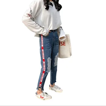

Top High Quality Women Fashion Streetwear Hole Jeans 2019 Spring Summer High Waist Webbing Print Letter Jeans Ankle-LengthCQ1777