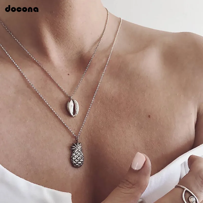 

docona Boho Silver Shell Pineapple Multi Layer Neckalce for Women Girl Conch Pineapple Pendant Necklaces Collares 3327