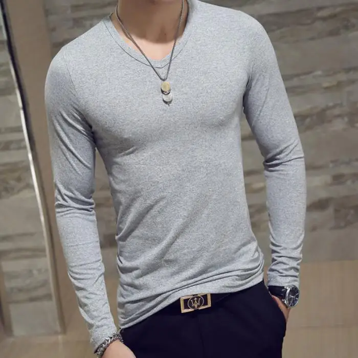 Men Autumn T-shirts Long Sleeves V Neck Pullover Slim Fit Casual Minimalist Male Tops XIN-Shipping