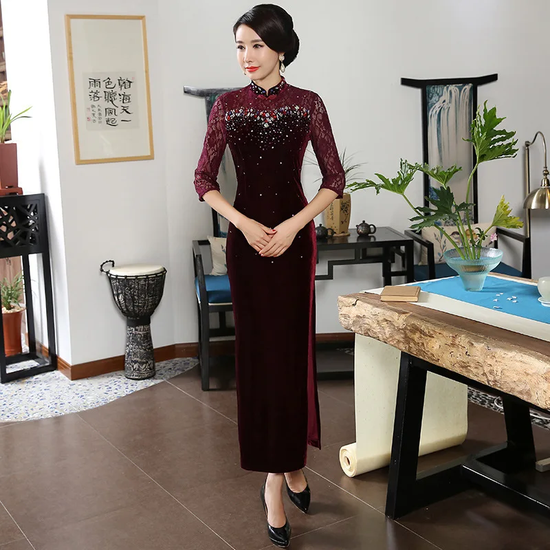 Бархат Cheongsam фиолетовый Qipao длинные традиционные китайские платья Китай костюмы магазине Восточный вечернее платье Винтаж