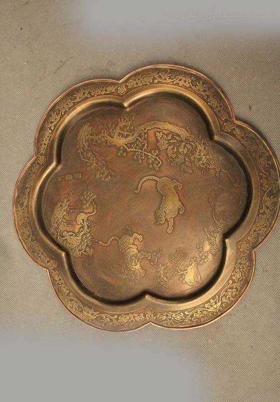 

12"China Chinese Folk Old Bronze handwork carving tiger Plate Statue sculpture