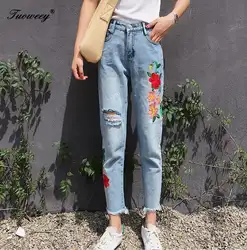 Рваные джинсы с вышивкой пикантные Для женщин Boyfriend Denim Винтаж высокое Elasticflower Повседневное штаны карандаш женские укороченные брюки