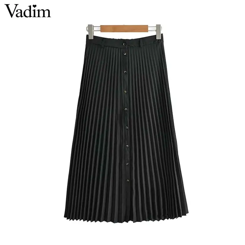 

Vadim women elegant solid pleated midi skirt buttons back elastic design stylish female casual A line skirt vestidos BA562