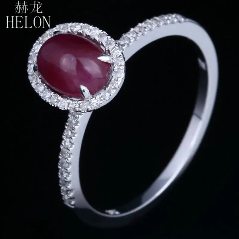 

HELON Romantic 10K White Gold 7x5mm Oval Cut Red Ruby Pave Natural Diamond Engagement Wedding Ring For Women's Fine Jewelry Ring