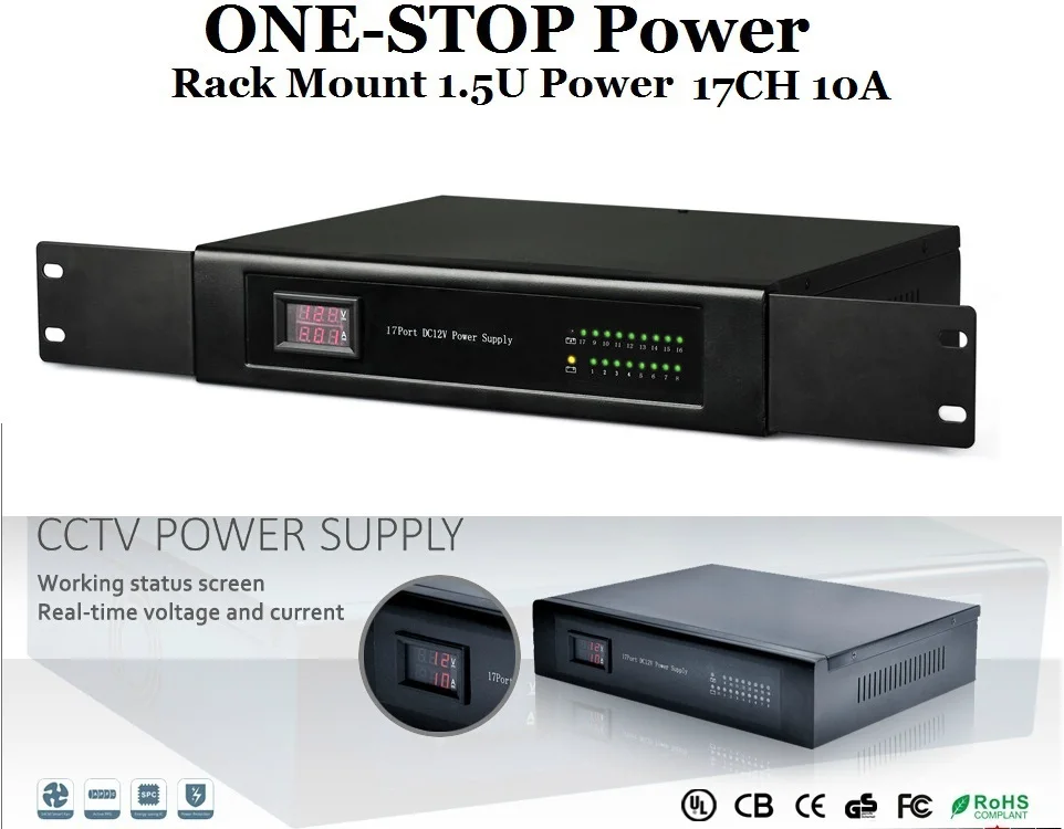 

ONE-STOP Rack Mount Power Supply 1.5U DC12V 17Port 10A UL Listed For CCTV Camera