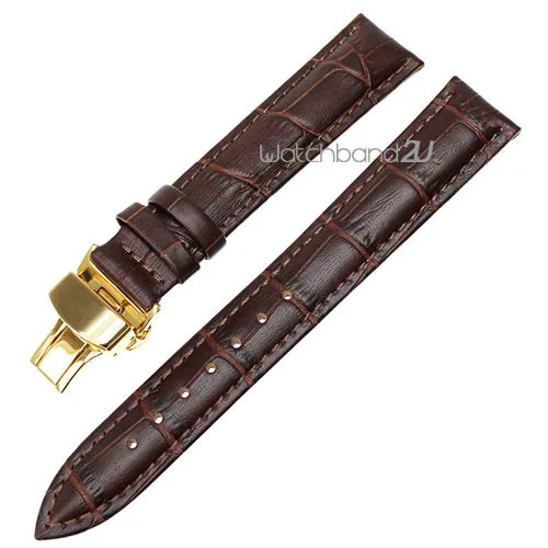 

19MM Gold Push Button Deployment Clasp Alligator Grain Leather Watch Band Strap Brown