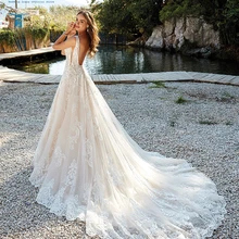 Свадебное платье с длинным шлейфом и v-образным вырезом,, кружевное свадебное платье с бисером и аппликацией, Vestige De Noiva, белое свадебное платье