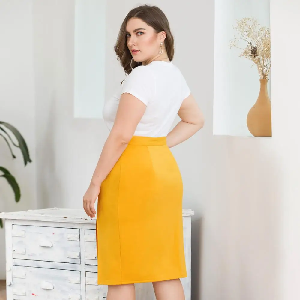 Осенние юбки размера плюс 3XL 4XL, женские желтые Обтягивающие юбки с высокой талией и пуговицами, Элегантные повседневные сексуальные женские юбки большого размера с разрезом