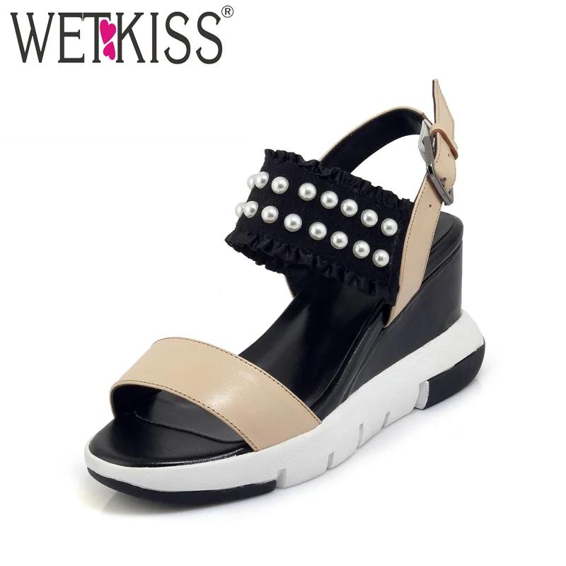 

WETKISS Summer Casual Women Sandals Open Toe Cow Leather Wedges Pearl Platform Footwear 2018 Fashion Female High Heels Shoes
