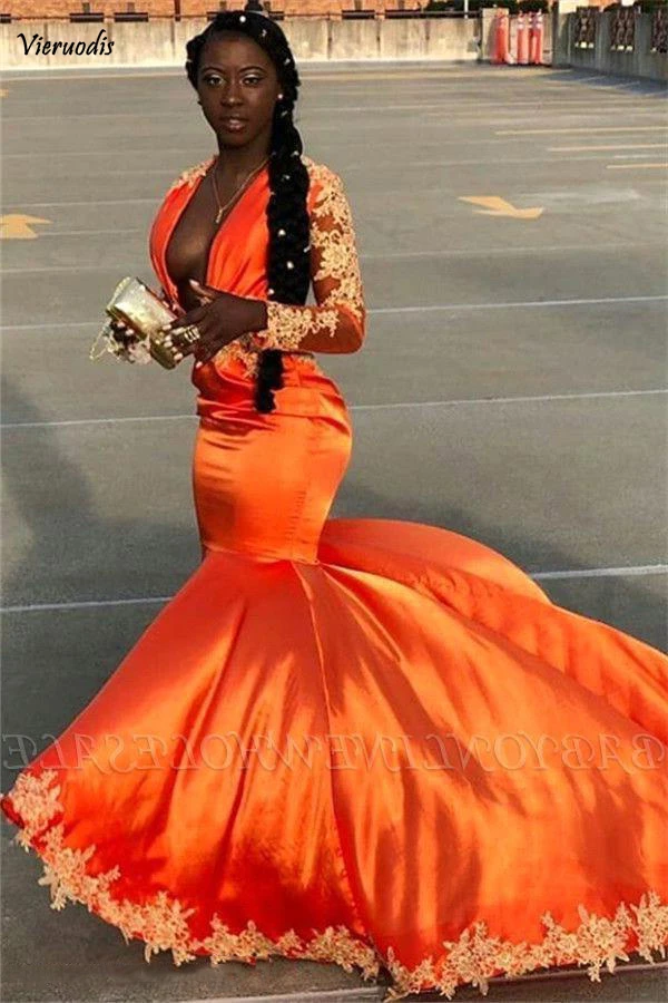 

New Orange Long Sleeve Prom Evening Dress 2019 Sexy Appliqued Formal Party Gown Mermaid Pageant Dresses Custom Made