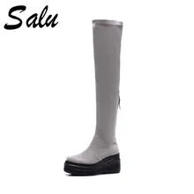 Salu/женские сапоги до колена на молнии; модная зимняя универсальная женская обувь с круглым носком; женские сапоги на высоком каблуке