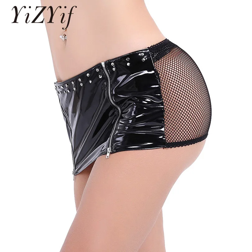 

Sexy Mini Skirt Women Wet look Patent Leather Skirt See Through Fishnet Zipper Shorts Nightwear Clubwear Baby Doll mini Skirt
