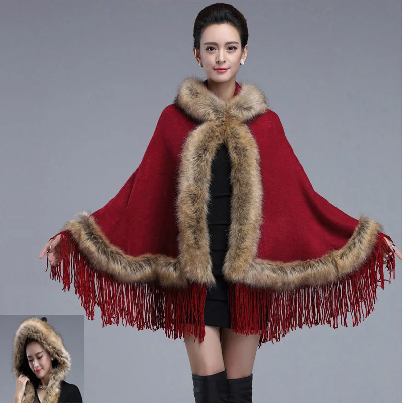 

New Hot Sale Tassels Hooded Soft Cashmere Sexy Wild Raccoon Fur Shawl Pashmina Faux Fur Coat Poncho Women Winter Party Cloak
