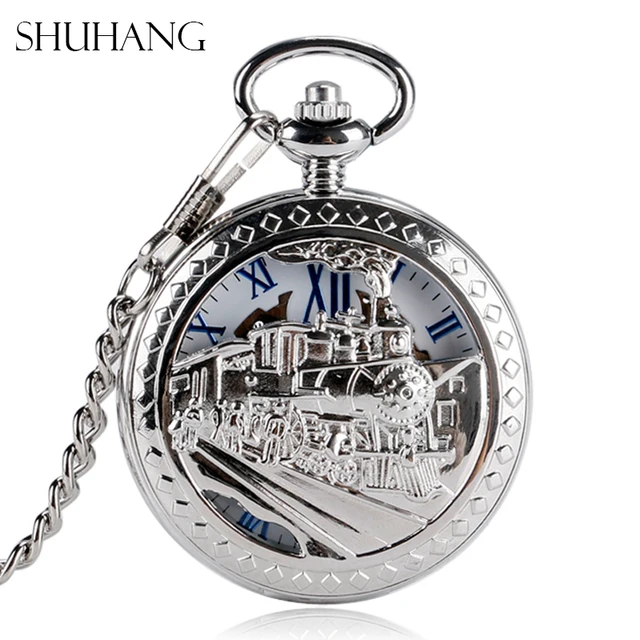 SHUHANG Silver Tone Train Front Locomotive Engine Design Pendant Mechanical Pock SHUHANG Silver Tone Train Front Locomotive Engine Design Pendant Mechanical Pock