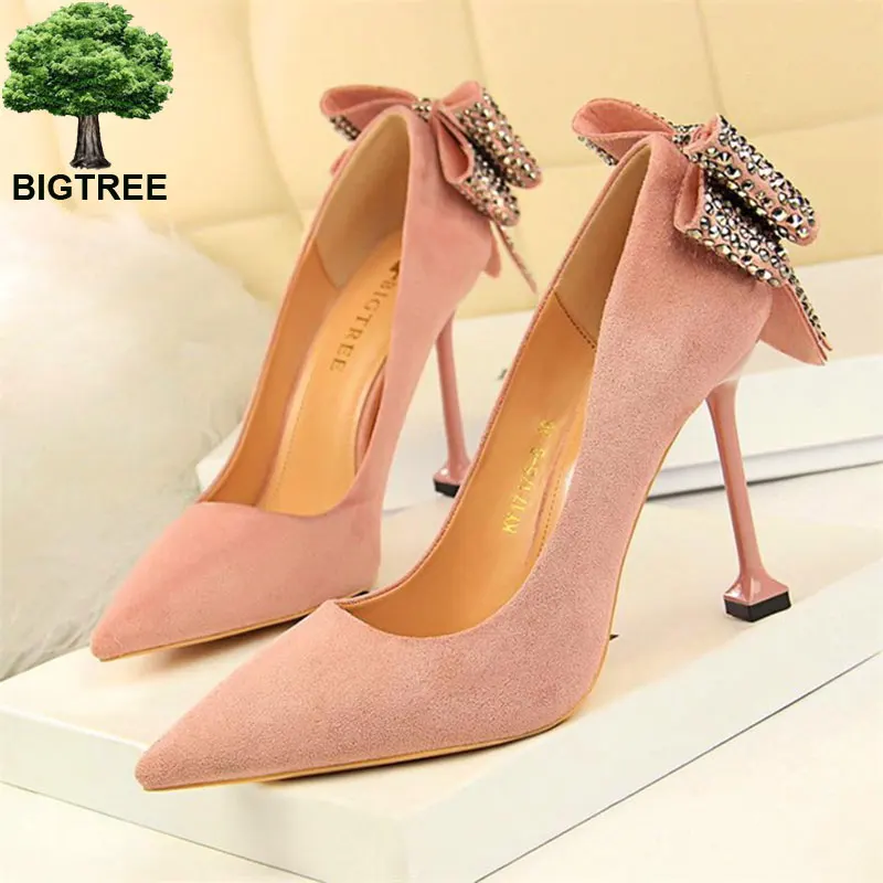 

BIGTREE Sweet Crystal Butterfly-knot Women Pumps Solid Flock Fashion Shallow High Heels Shoes Women's Party Shoe Pointed Toe