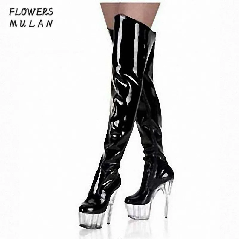 

2018 New Stylish Super High 15cm Heels Women Long Boots Over The Knee Pointed Toe Patent Leather Platform Shoes Woman Size 35-46