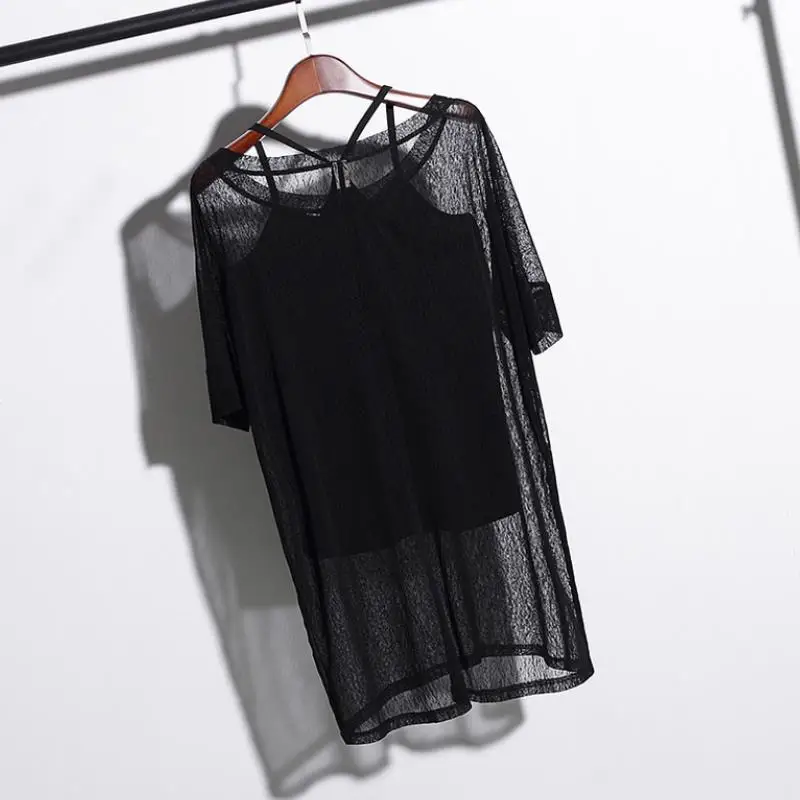 

2 piece Black openwork dress Sheer Lace O-Neck Swing Dress Casual party Mesh dresses large sizes drop ship