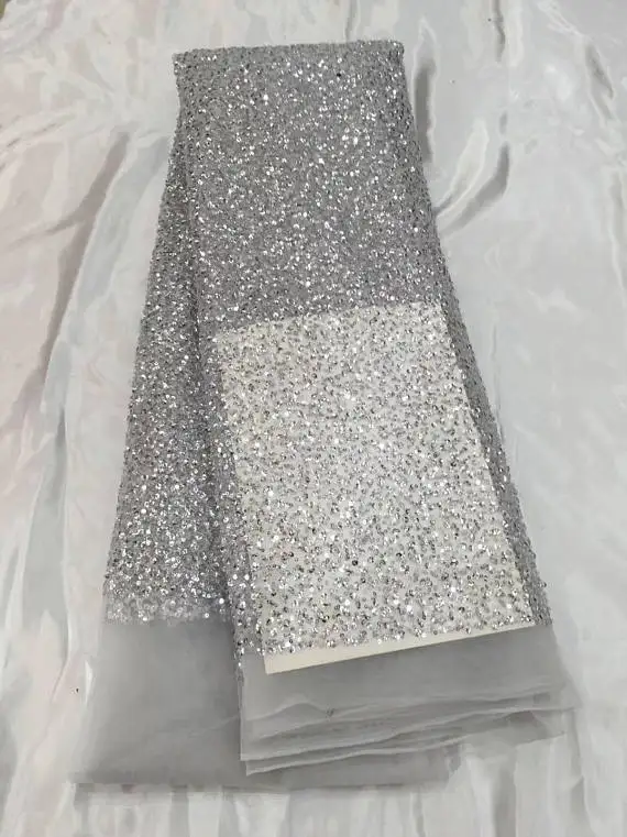 

5 yard silver bead lace fabric, bridal lace fabric with beads and sequins, heavy bead lace fabric