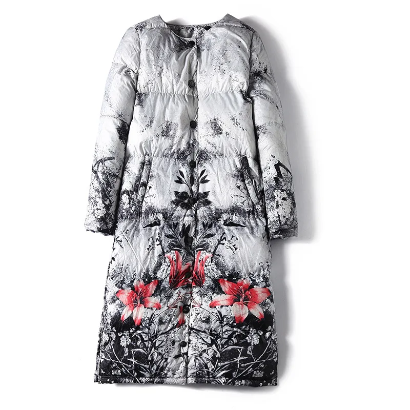 L'ancienne Peinture Le Bleu Style Nouveau Vers Manteau Duvet Hiver Bas Grande L'encre Veste Épais blanc 2018 De Imprimé Taille Longue D'oie À Chinois Chaud w6xFISYB