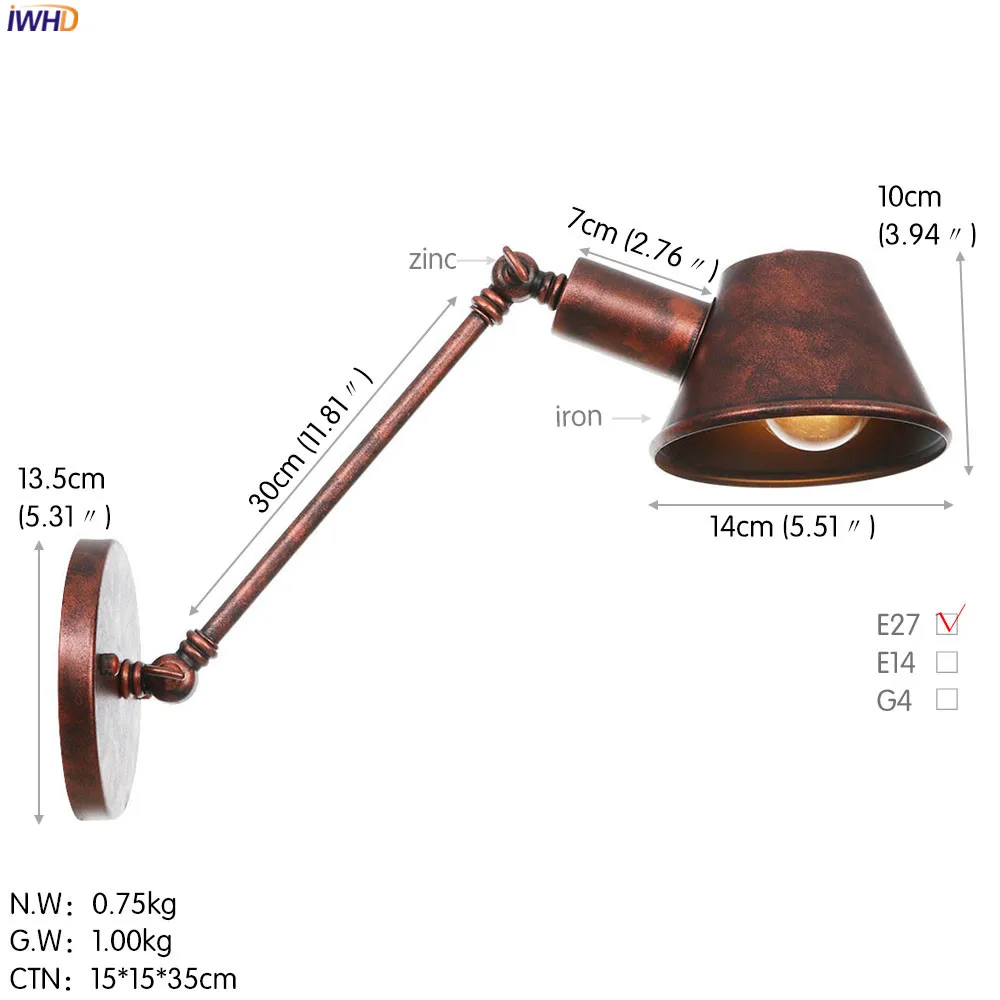 IWHD 2 головки Винтаж Ретро Настенные светильники Спальня Ванная комната Лофт качели настенная лампа с длинным кронштейном Edison освещение Lamparas De Pared - Цвет абажура: Rust