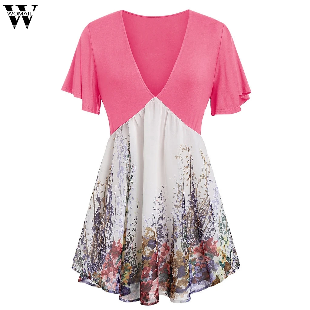 

Womail Plus Size T-shirt Women's Printed Stitching Loose V-neck Short Sleeve Daily T-shirt For Ladies Dropship May28 Camiseta