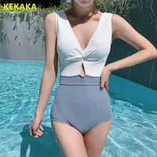 KEKAKA женский сплошной белый розовый узел спереди Цельный купальник Корея сексуальный спагетти ремень купальник на завязках Монокини Купальный Костюм