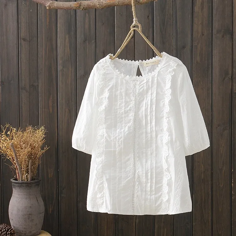 Женская рубашка в стиле бохо,, mori, для девушек, летняя, японский стиль, свежая, богемная, короткий рукав, белая, синяя, красная, с вышивкой, открытая блузка, топы - Цвет: Белый