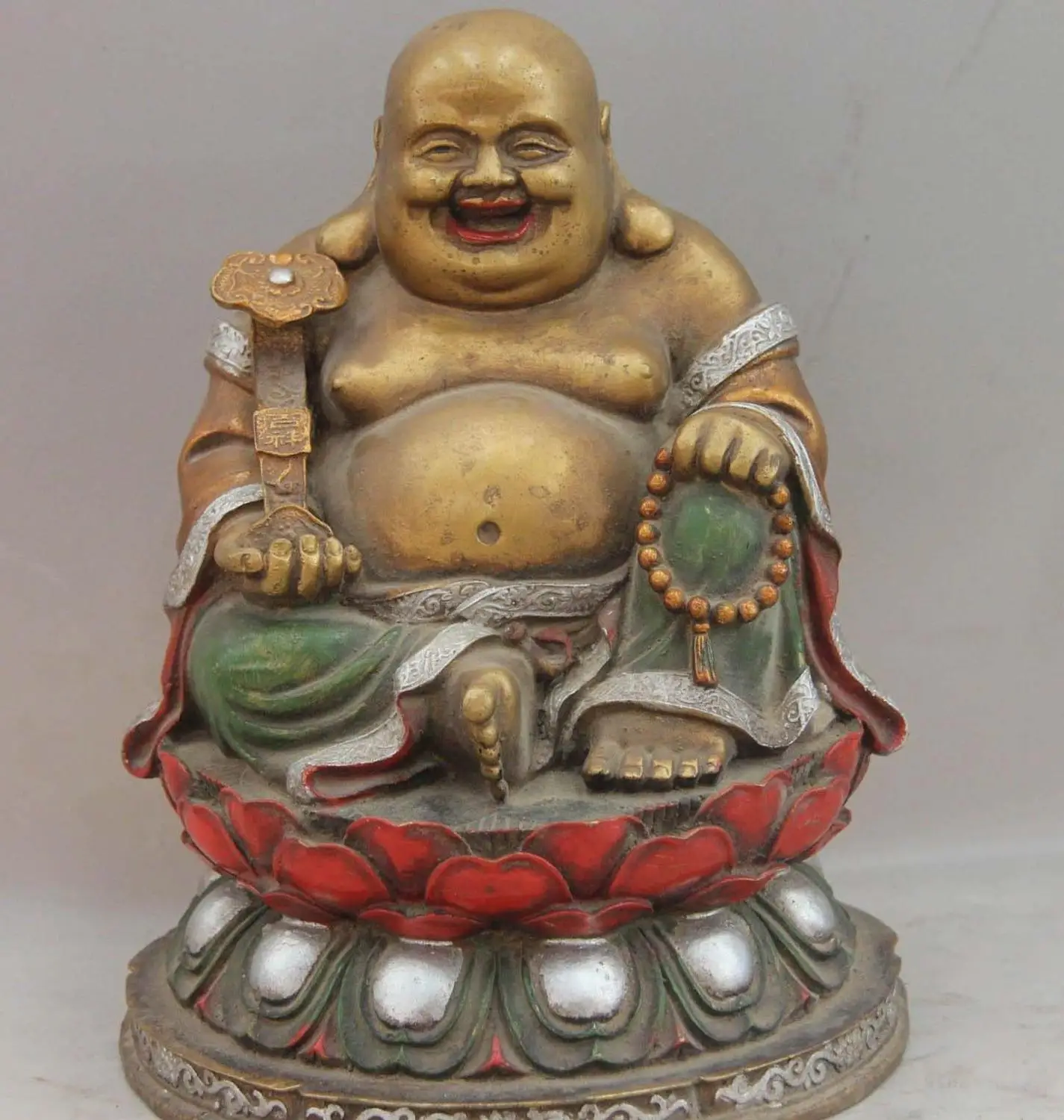 China Copper Color Painted Buddhist Cloth bag Monk RuYi Maitreya Buddha