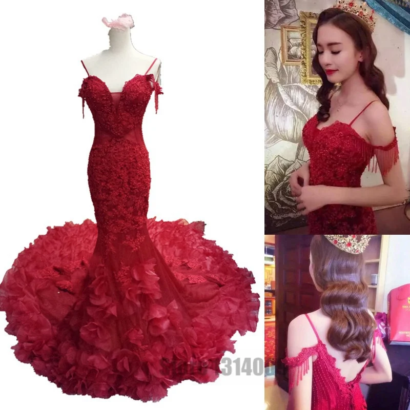 vestidos de novia 2017 correas de espagueti del cordón rojo del