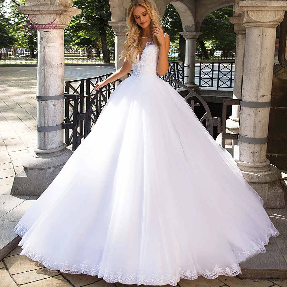 

Liyuke 2019 New Ball Gown Wedding Dress Lace Beading Appliques Scoop Neck Backless Customer Made Size Floor- length