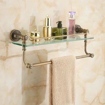 

European antique shelf cosmetics rack with towel bar glass frame bathroom hardware pendant lo820137