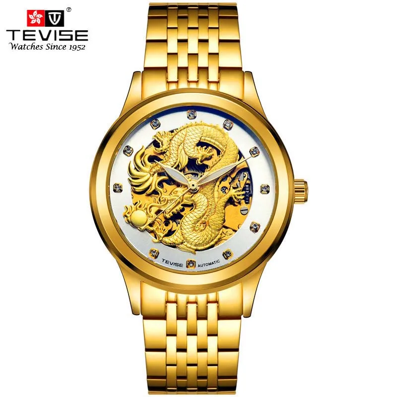 TEVISE Men Automatic Mechanical Watches Luxury Gold Stainless Steel Mechanische Hand Wind Watches Noble Dragon Wristwatches 9006