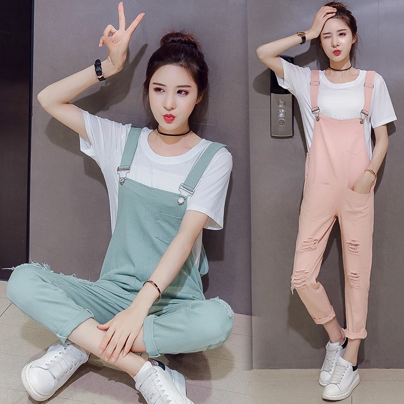 

2019 Spring and Autumn Candy Colors New Pregnant Women Denim Overalls High Waist Maternity Cotton Trousers+pockets Pink/green