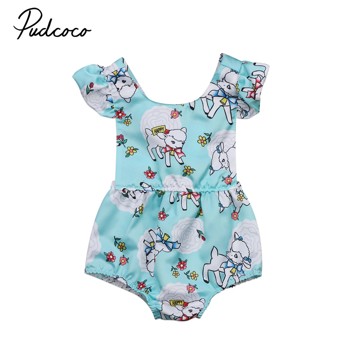 Cute Newborn Baby Girls Cartoon Animal Print Bodysuits Blue Sleeveless