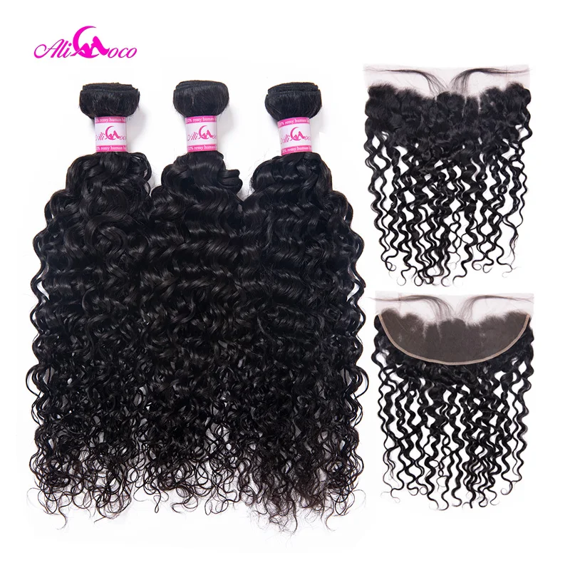 

Ali Coco Brazilian Water Wave 3 Bundles With Lace Frontal Closure 8-28 Inch Natural Color Double Weft Remy Human Hair Extensions
