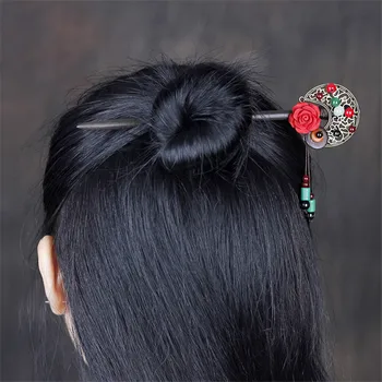 

Handmade Vintage Wood Chinese Bridal Hair Stick Headpiece For Women Flower Hair pins Hair Ornaments Head Jewelry Accessories