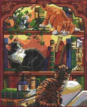 

Busy Cat reading book togeter beautiful DIY Handmade Cross Stitch Embroidery Kit Home Decoration Embroidered Cloth
