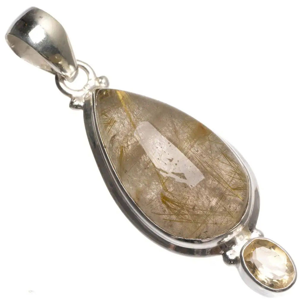 

Natural Rutilated Quartz and Citrine Handmade Indian 925 Sterling Silver Pendant 2" T0182
