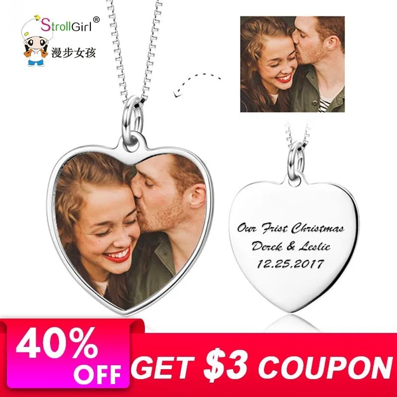 

StrollGirl Personalized 925 Sterling sliver Engraved Name Heart Photo Necklace Jewelry Give Family a Memorial Thanksgiving Gift