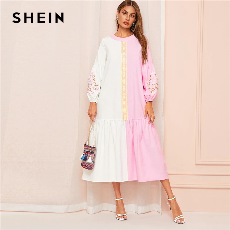 

SHEIN Two Tone Embroidery Lantern Sleeve Ruffle Hem Dress 2019 Spring Autumn Long Sleeve Dress Women Boho Dresses