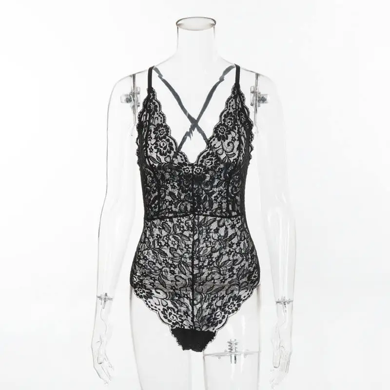 2019 المحتملين solidColors بودسوت/ بدلة الجسم المصنوعة من الدانتيل النساء عميقة V الرقبة مثير ارتداءها الأبيض شبكة سوداء ارتداءها نادي بذلة النوم