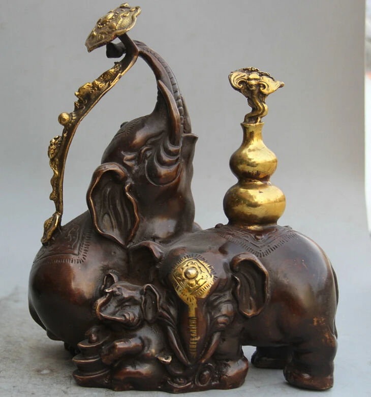

USPS to USA S2086 10" Chinese Bronze Gild Wealth Ru Yi cucurbit three elephant Statue sculpture (B0413)