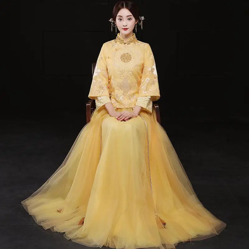 Китайский стиль, женское плиссированное платье Cheongsam, новинка, винтажный старинный свадебный костюм, праздничный костюм с воротником-стойкой и вышивкой - Цвет: Champagne